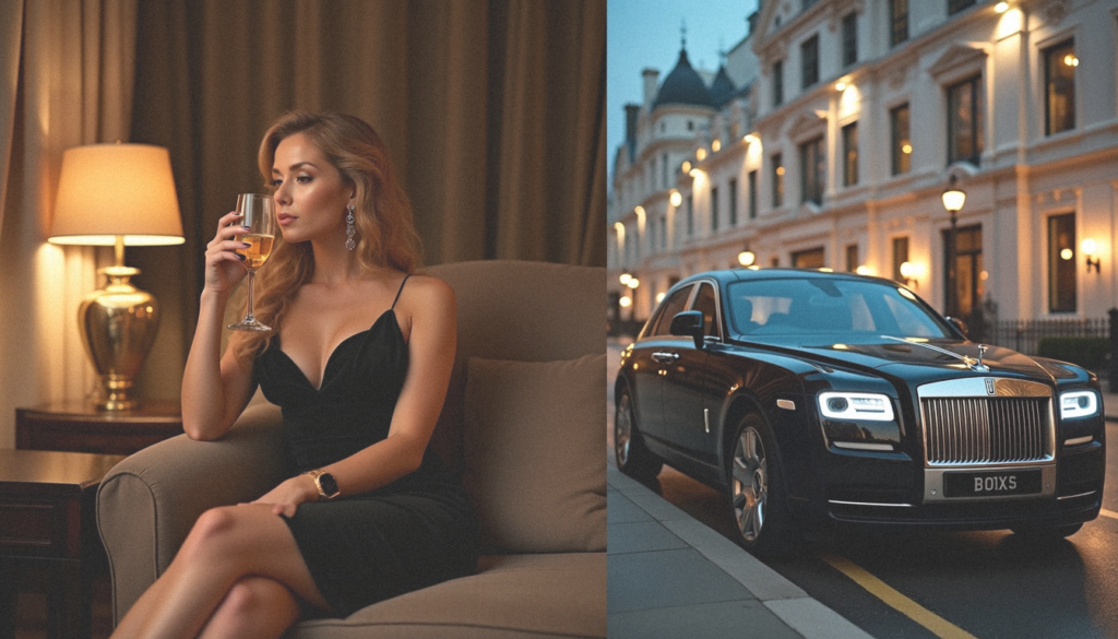 A split-scene image showing an elegant woman in a luxurious hotel suite sipping champagne, representing an incall escort experience, and a black Rolls-Royce parked in front of a five-star London hotel, symbolising an outcall escort experience.